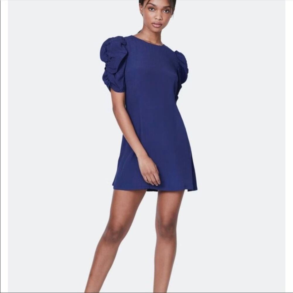 Billie the Label Helena‎ Mini Dress NWT Short Puff Sleeve Round Neck A Line Blue